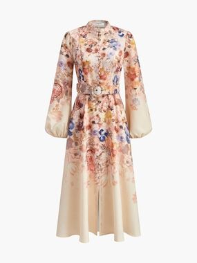Commense Cream Floral Long-Sleeve Belted Midi Dress